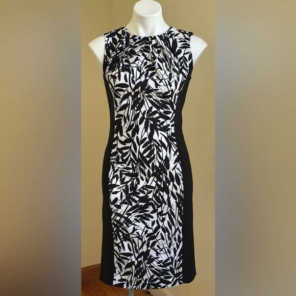 New York & Company  Black and White Leaf Print Midi Sleeveless Dress Sz 0. - Picture 2 of 14